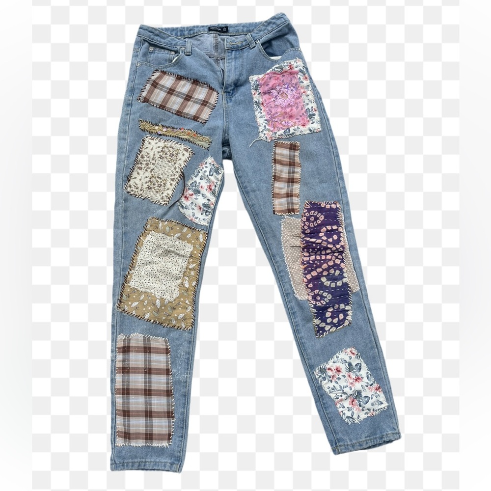 Nasty Gal Hand sewn Patchwork Blue Jeans